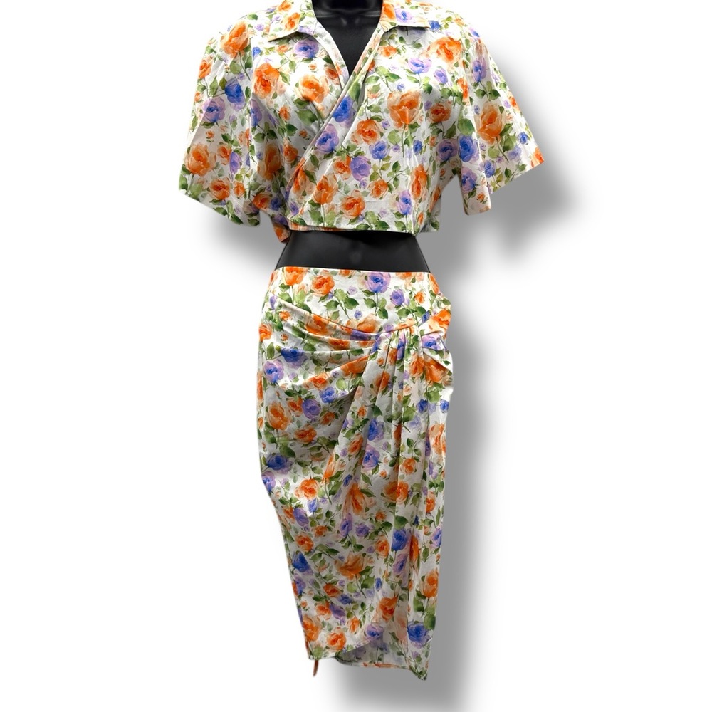 Giuseppe di Morabito Two Piece Set White Purple Orange Floral Crop Top Skirt NEW